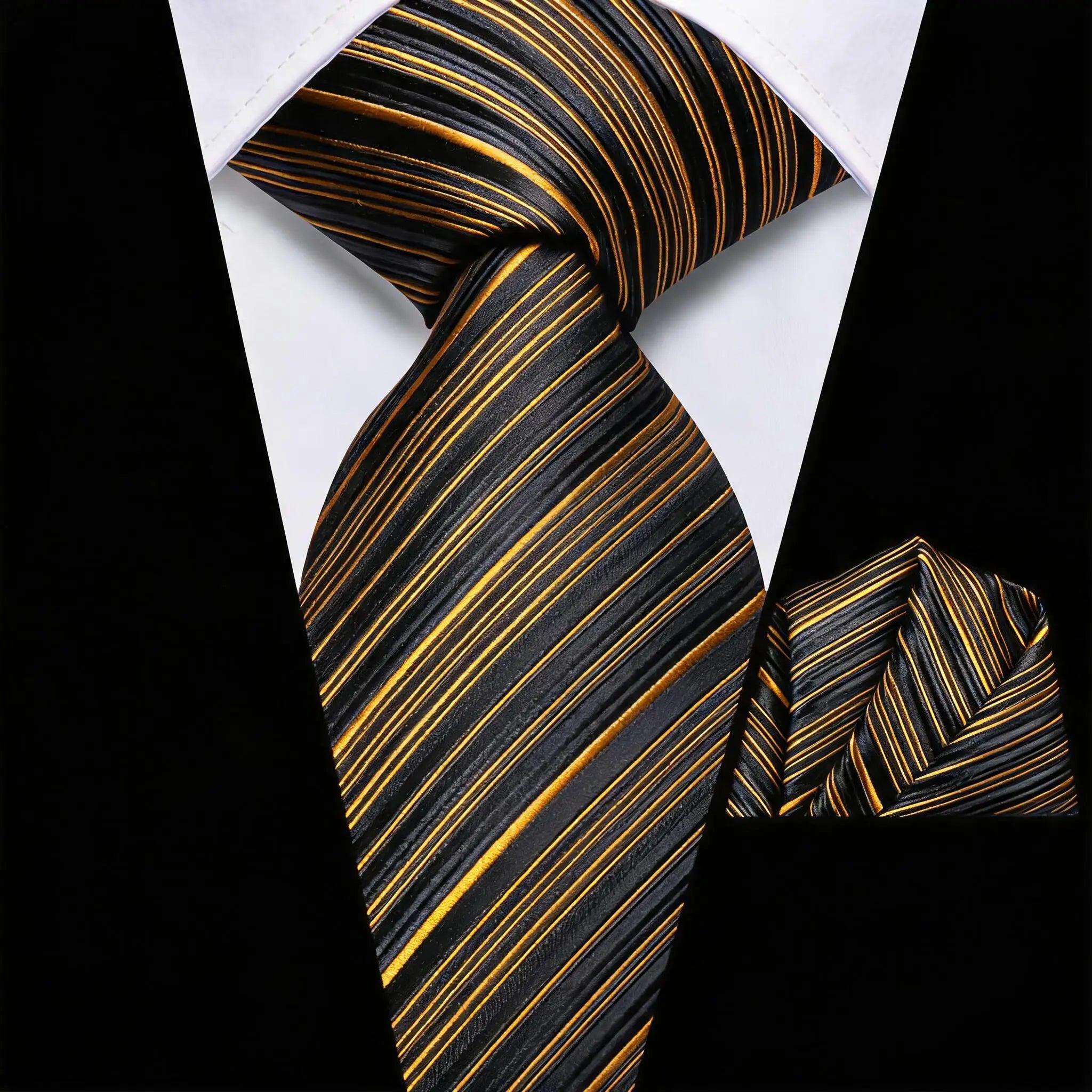 Diagonal Striped Tie Pocket Square Blue Black Brown Gold Men Formal Qme HT-LDSN0222
