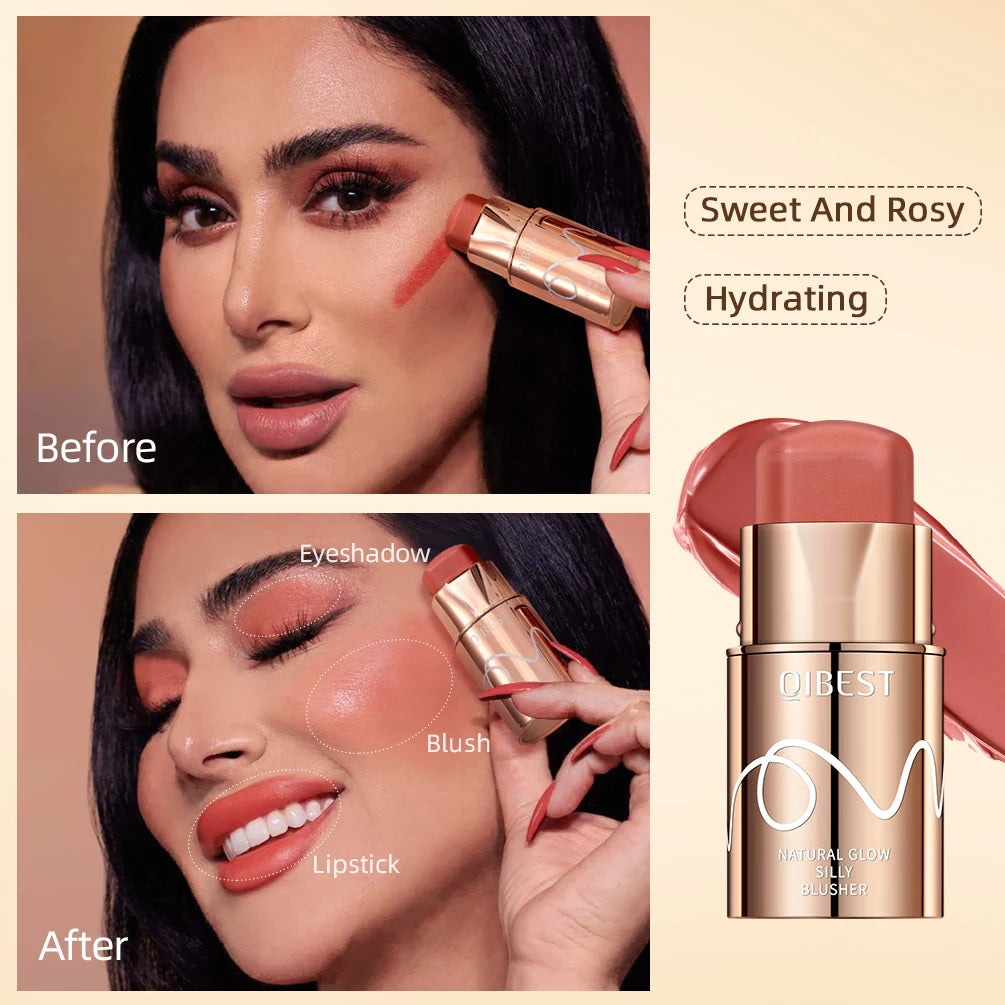 QIBEST Multifunctional Makeup Stick 3 IN 1 Lipstick Blush For Face Lightweight Lip Tint Natural Blush Cream Lasting Cosmetics Qme