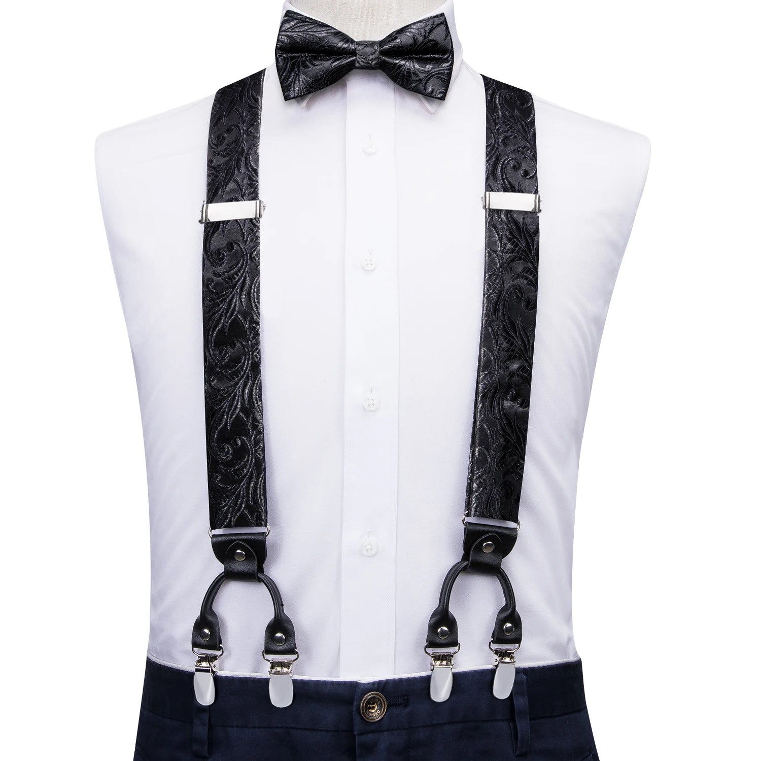 Silk Woven Mens Suspenders Bow Tie Hanky Cufflinks Strength 6 Clips
