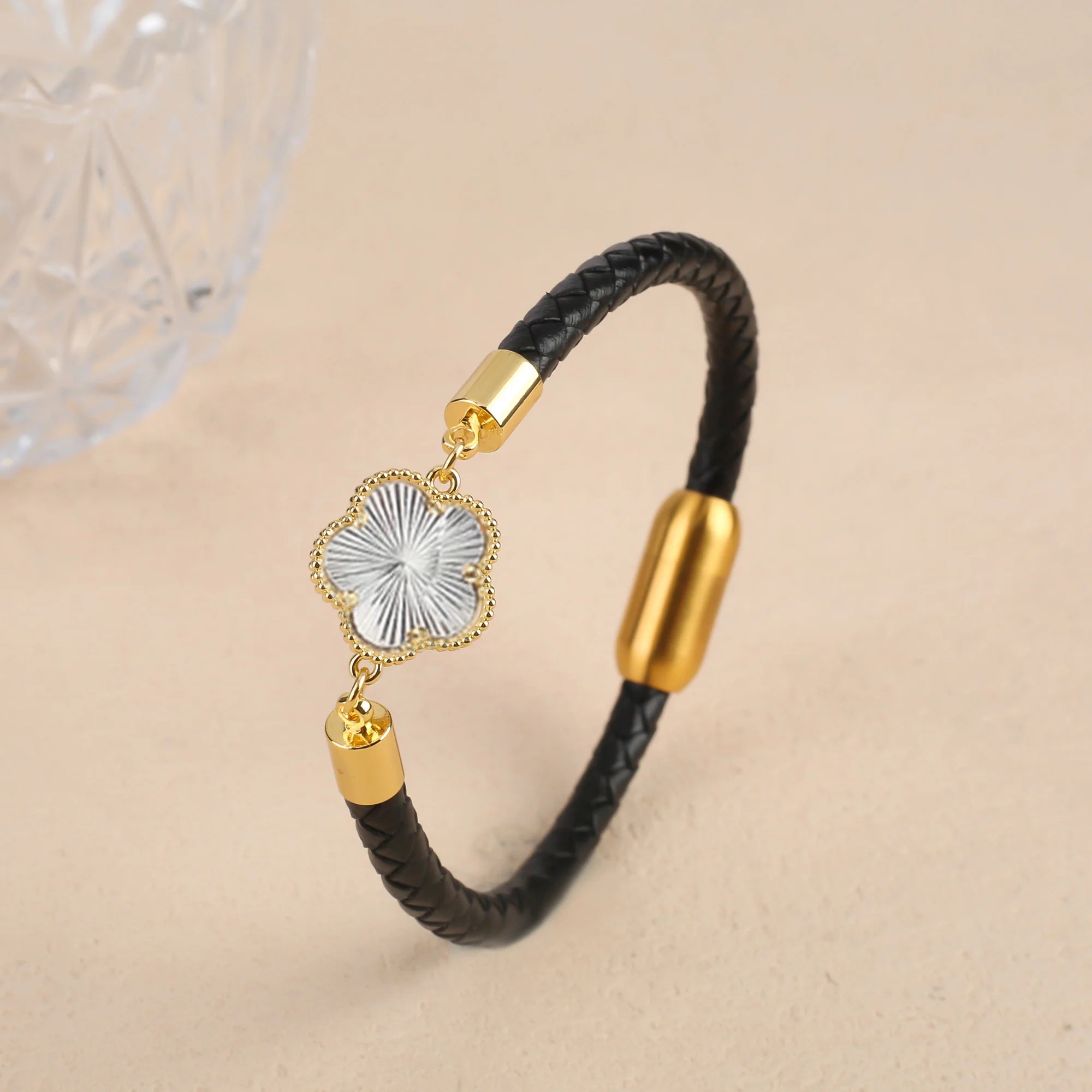 10 Colors Natural Gem Five-Leaf Flower Leather Bracelet Stainless Steel Magnetic Buckle for Women Flower Jewelry Free Shipping Qme Colors 10 19cm Coffee Leather