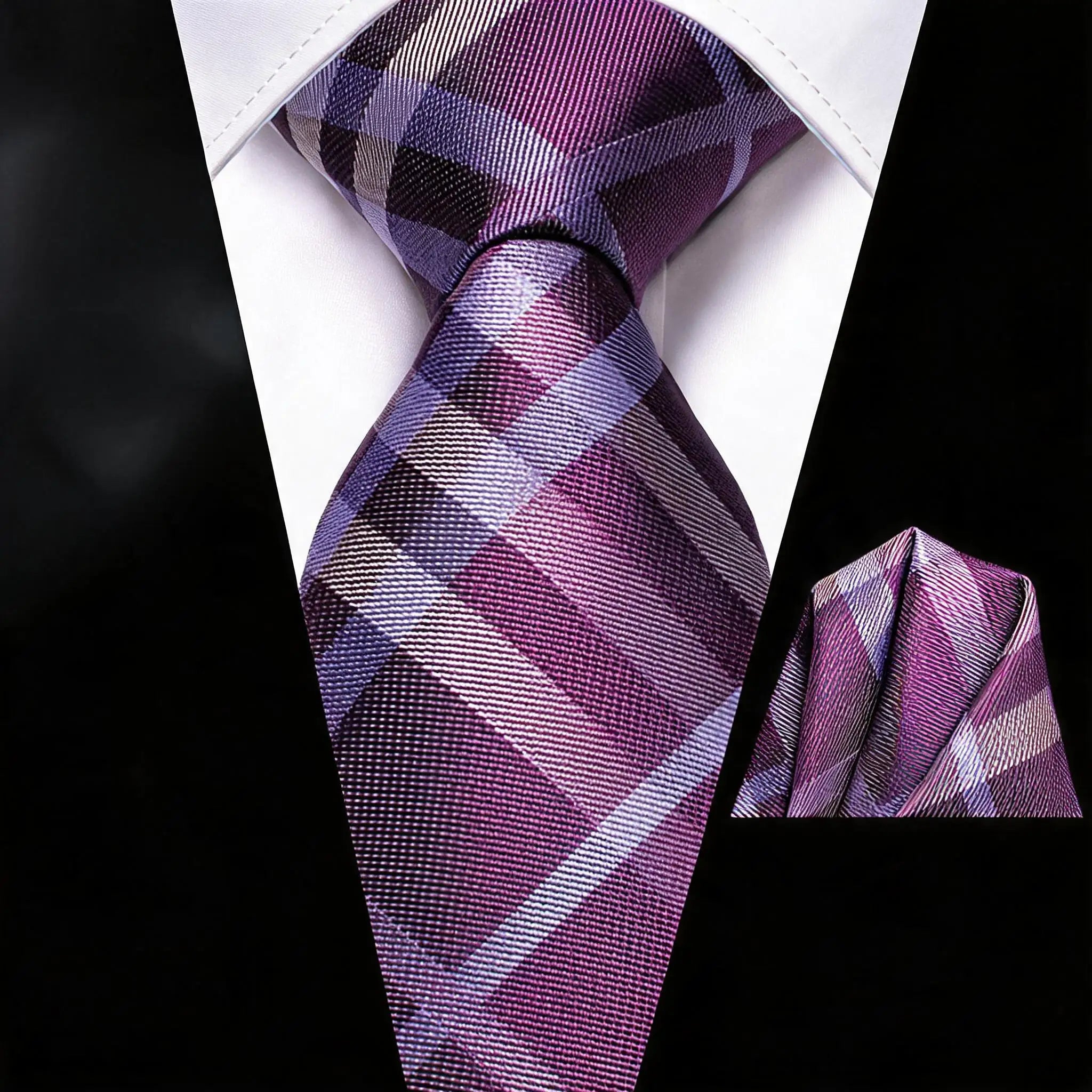 Men Formal Blue Orange Purple Grey Floral Plaid Necktie Pocket Square Qme LDSN3455