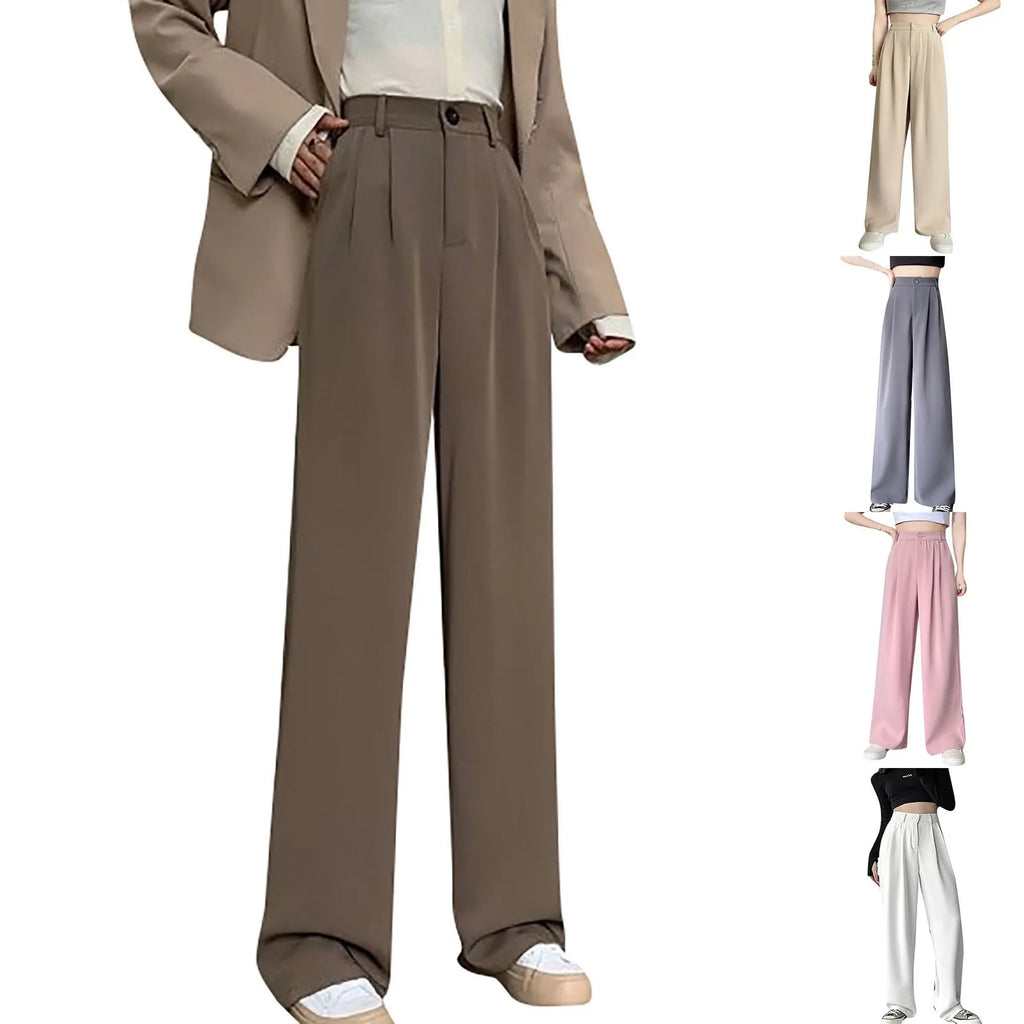Solid Color High Waist Casual All-match Spring And Summer Daily Basic Commuting Suit Fabric Wide-leg Straight Pants For Ladies Qme