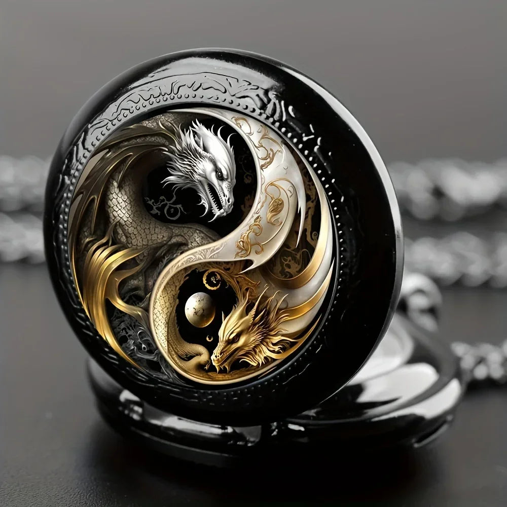 Retro Golden And Silvery Double Dragon Quartz Pocket Watch Qme