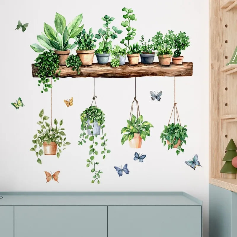 3D Potted Green Plant Shelf Wall Decals Botanical Tropical Succulent Qme
