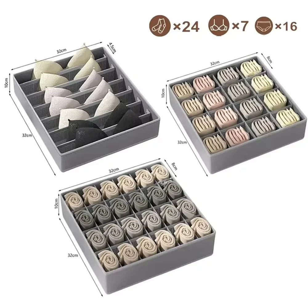 3-in-1 Drawer Style Foldable Fabric Underwear Organizer with Compartments for Bras Panties & Socks Space Saving Qme 3 piece set grey