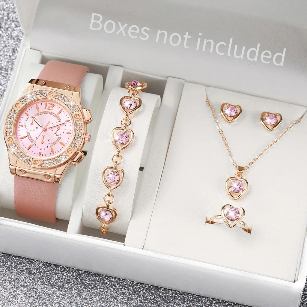 6PCS/Set Fashion Rhinestone Women's Watch Leather Band Analog Quartz Watches Heart Jewelry Set（Without Box） Qme