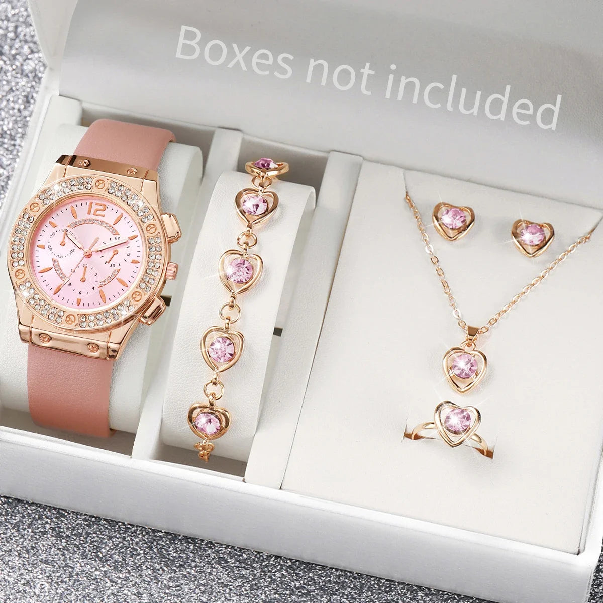 6PCS/Set Fashion Rhinestone Women's Watch Leather Band Analog Quartz Watches Heart Jewelry Set（Without Box） Qme