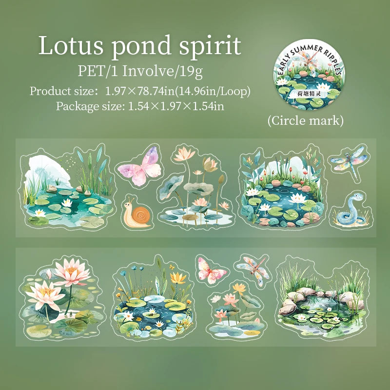200cm/Roll Summer Lotus Pond PET Tape Cute Literary INS Style Journal Handbook Tapes Creative DIY Scrapbook Collage Stationery Qme B1 50mmx200cm