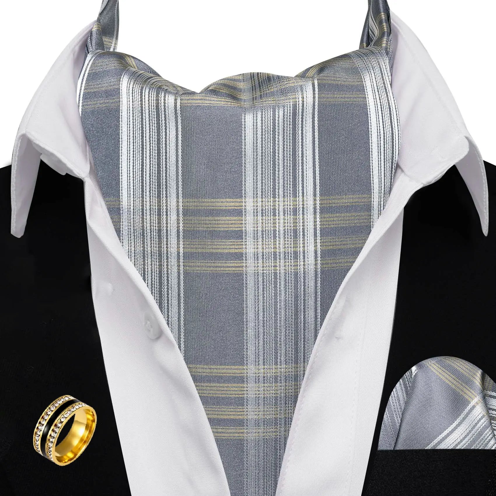 Ascot Tie Set, Classic Cravat with Pocket Square & Decorative Ring, Fashion Men's Neck Accessories Wedding Party silk Daily Wear Qme DPT-AS-0013-JZ0020