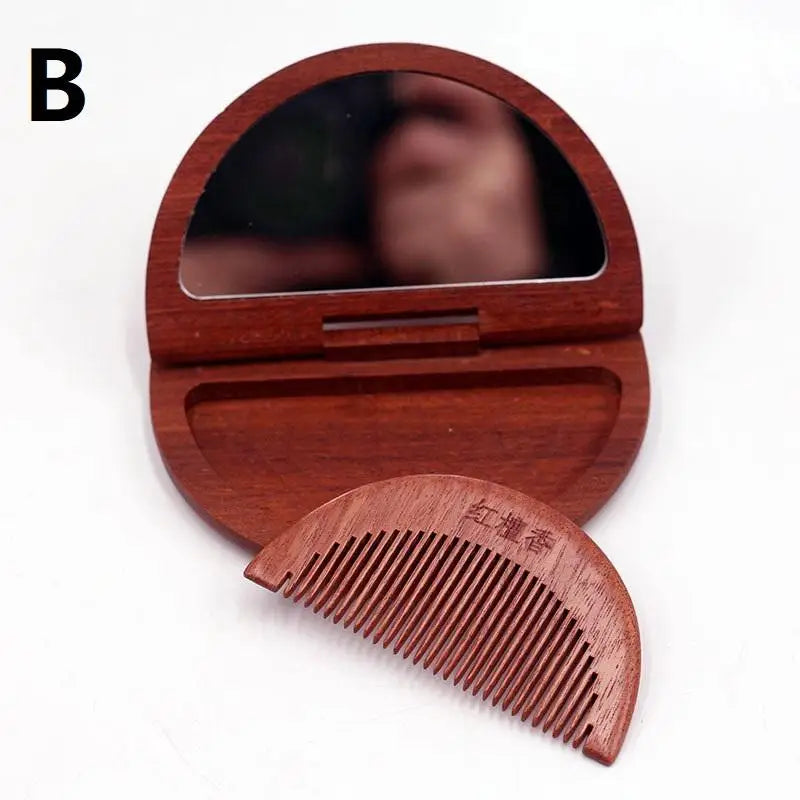 2-in-1 Wooden Comb Mirror Compact Red Sandalwood Folding Travel Home Qme B