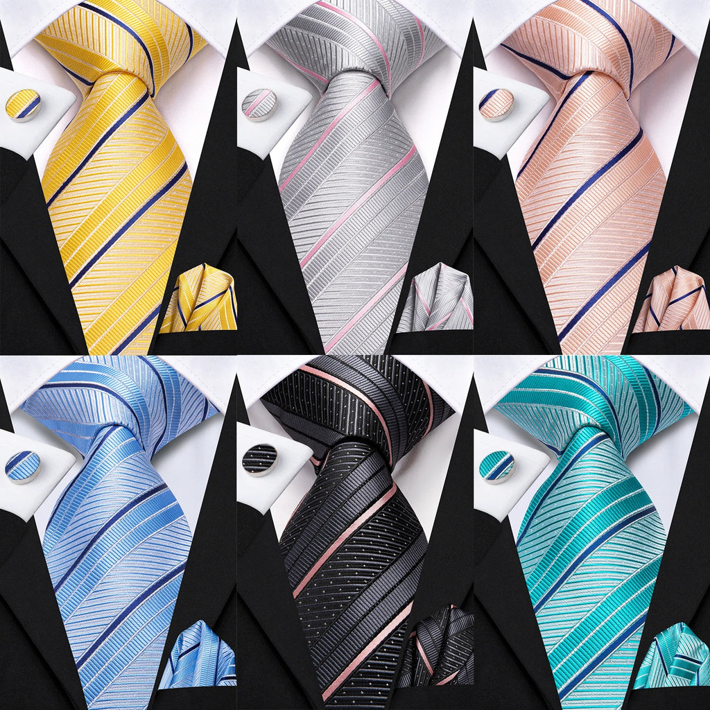 Hi-Tie Striped Light Blue Yellow Pink Men Elegant Necktie Hanky Cufflinks for Tuxedo Fashion Classic Silk Luxury Tie for Man Qme