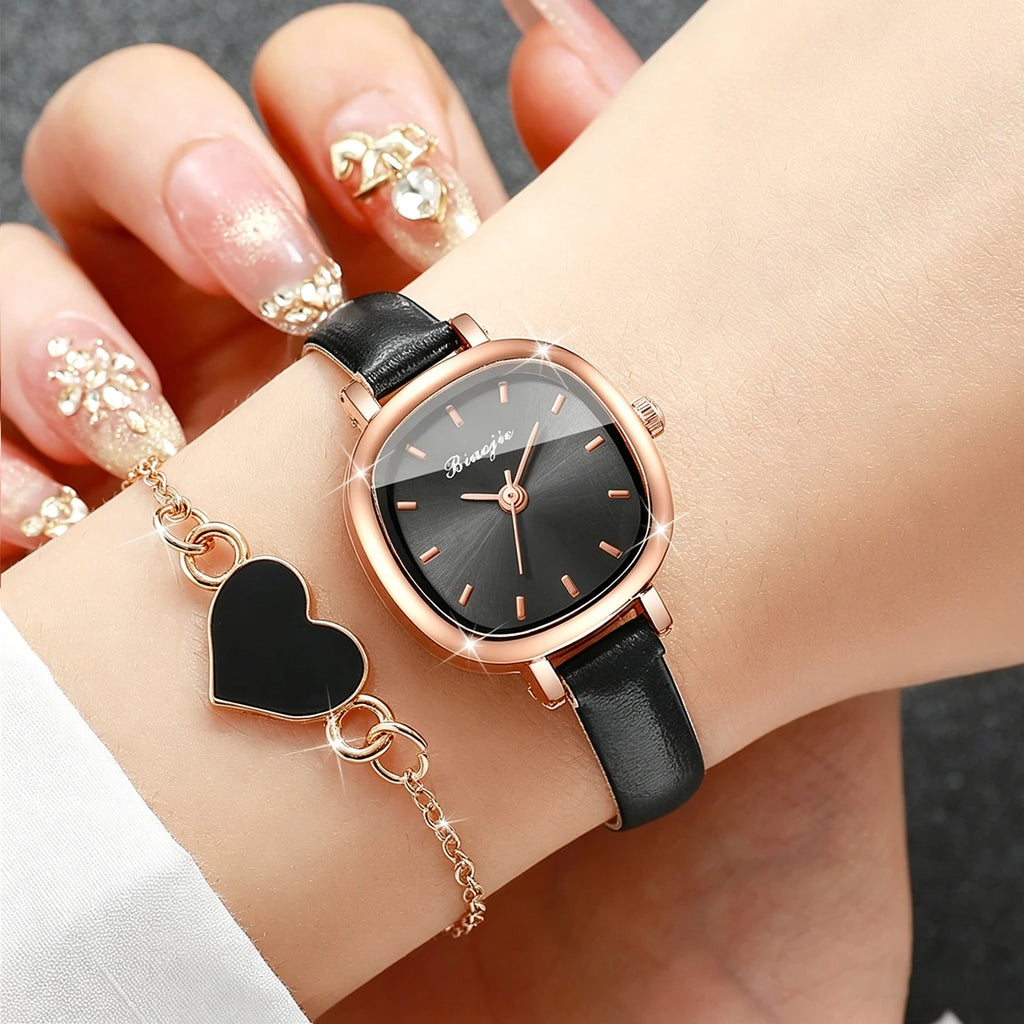 4-in-1 Elegant Jewelry Set for Women, Rose Gold Black Dial Watch + Black Heart Bracelet + Necklace + Earrings, Rose Gold Tone Qme