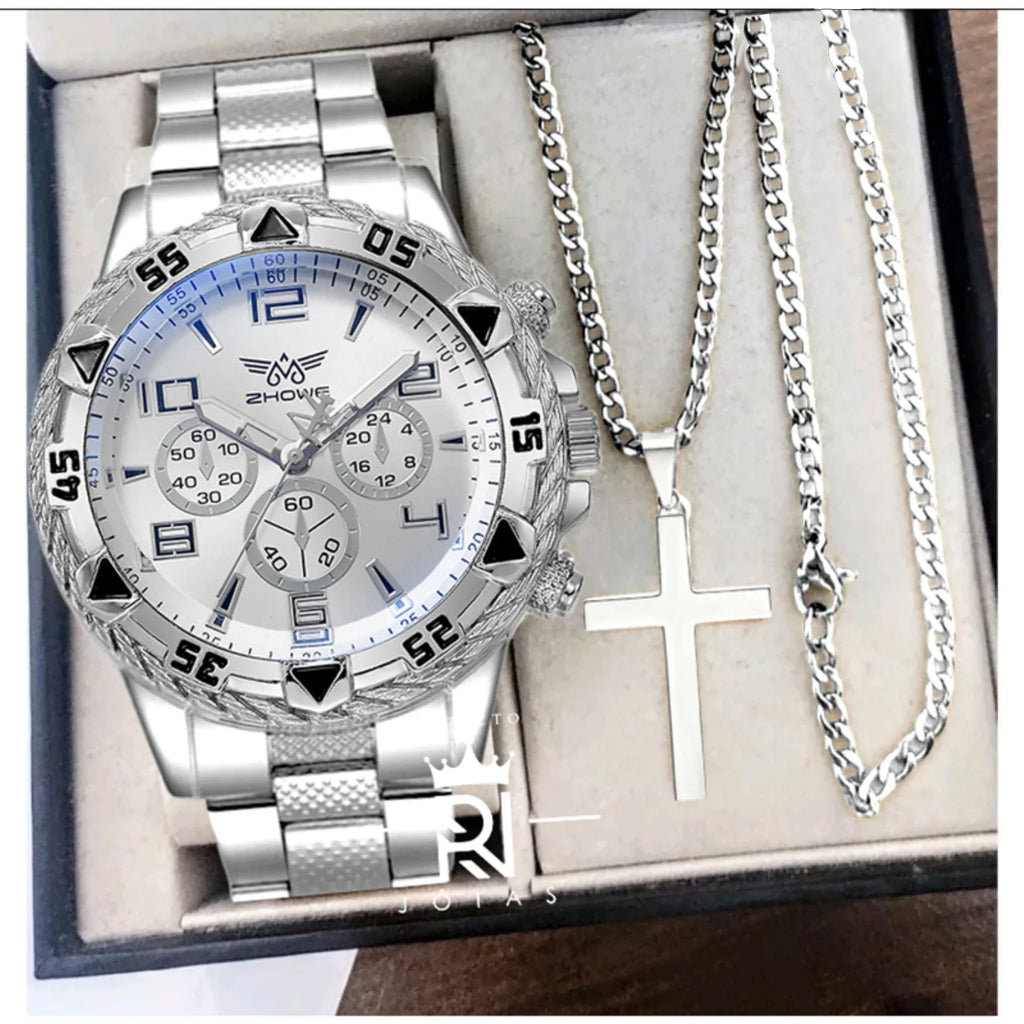 Men's Watch Set + Necklace with Cross Fashion Casual Stainless Steel Three-dial Quartz Watch Fathers Day Graduation Gift Set Qme