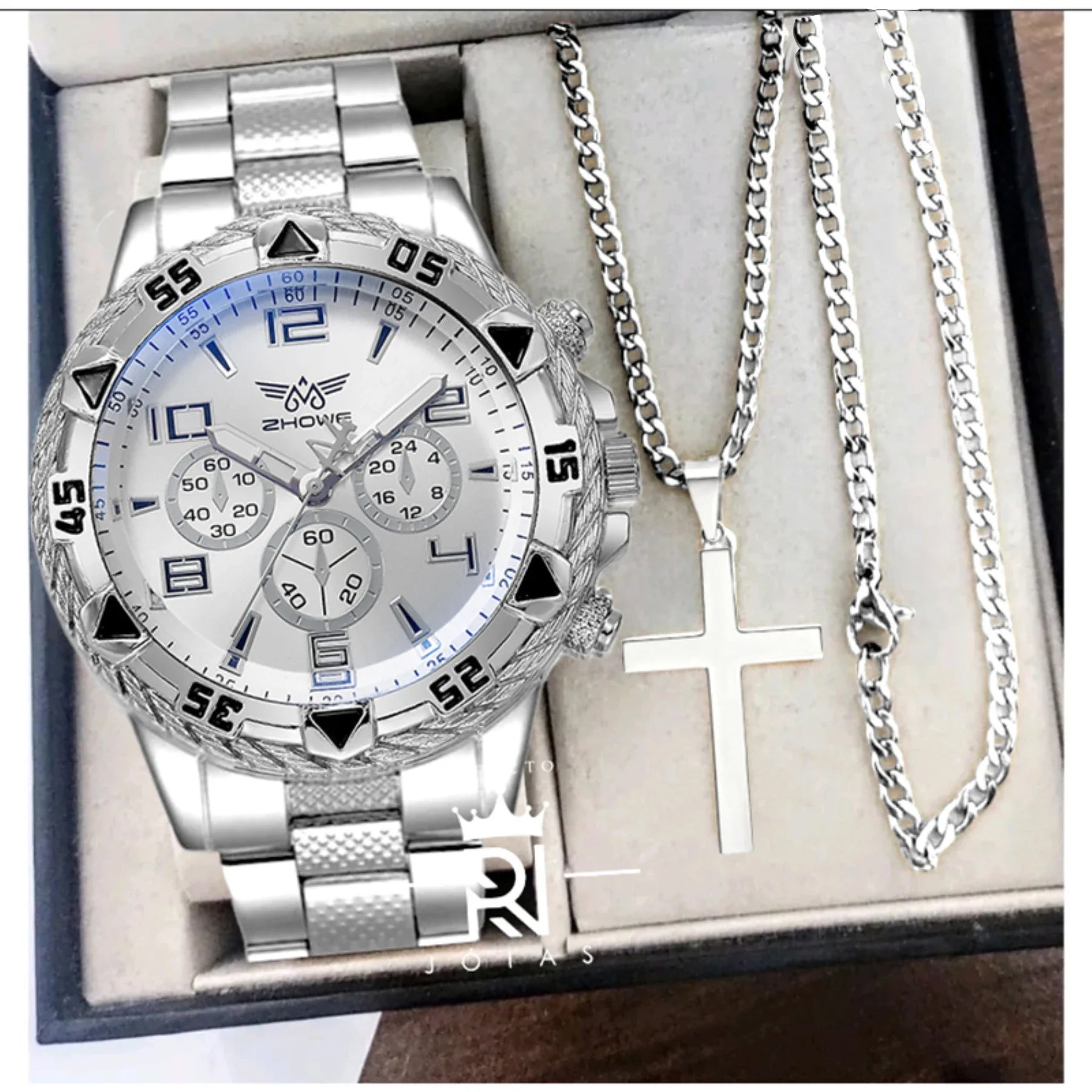 Men's Watch Set + Necklace with Cross Fashion Casual Stainless Steel Three-dial Quartz Watch Fathers Day Graduation Gift Set Qme