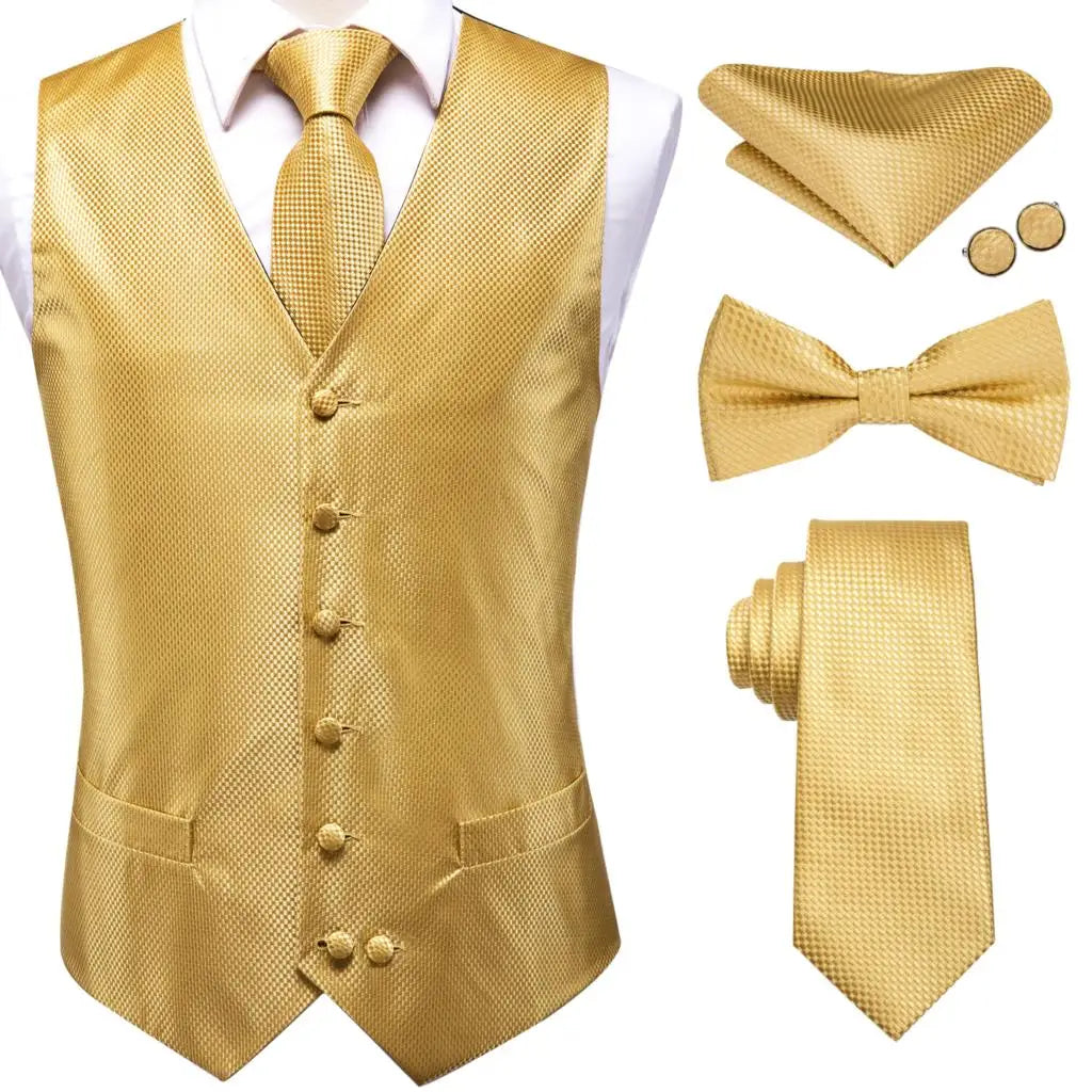 Luxury Gold Mens Suit Vest Red Blue Green Yellow Waistcoat Tie Bowtie Qme