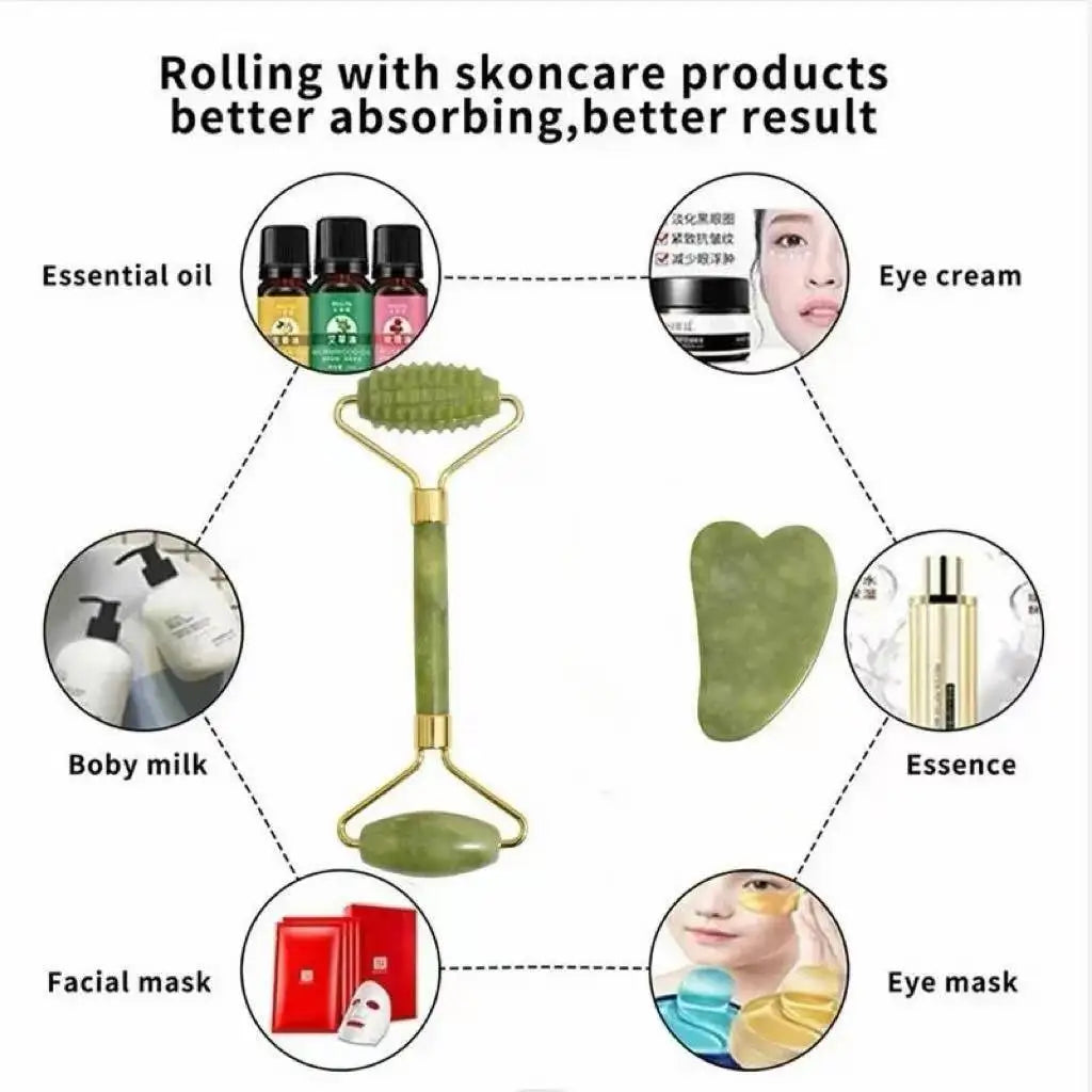 Natural Jade Roller Face Gua Sha Stone Body Neck Massager Acupoint Qme