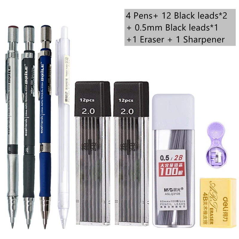 2.0mm Mechanical Pencil Set with 2B Black/Colors Lead Refill for Writing Sketching Art Drawing Painting School Automatic Pencil Qme Black Pencil set F