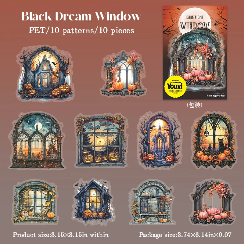 10Sheets/Bag Halloween Horror Window Gothic PET Stickers for Scrapbooking DIY, Collage Journal Decoration, Junk Journal Supplies Qme 5