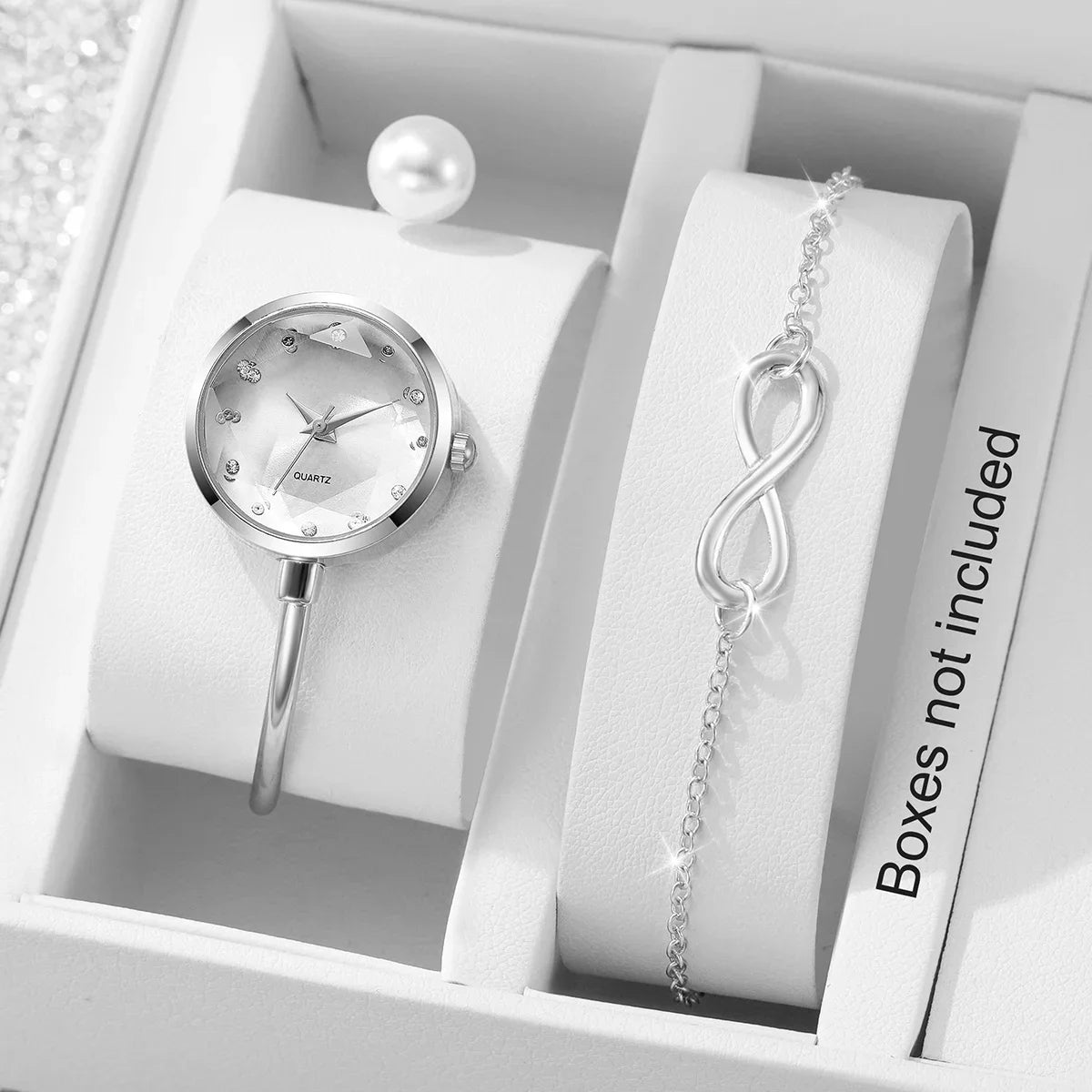 2PCS Elegant Women Quartz Watch Bracelet Set Fashion Pearl Opening-cuff Bangle Girls Wristwatches Qme Silver No