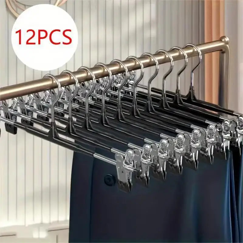 12Pcs Adjustable Metal Hangers With Clips Non-Slip Space-Saving For Pants/Skirts & All Garments Keep Clothes Tidy & Organized Qme Black 12pcs
