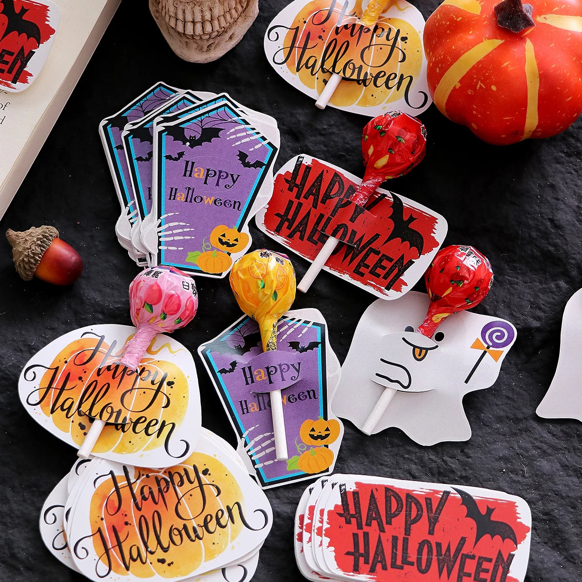Halloween Lollipop Cards—Pack of 30: Fun Halloween Candy Cards for Kids, Featuring 4 Different Halloween Designs to Celebrate Qme