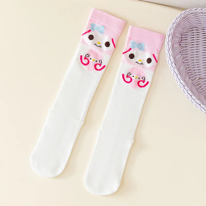 Hello Kitty Kuromi Knee-High Socks Summer Mesh Breathable Korean-Style Socks Cute Cartoon Student Over-the-Knee Socks Qme 1 2 pairs Sizes 28to