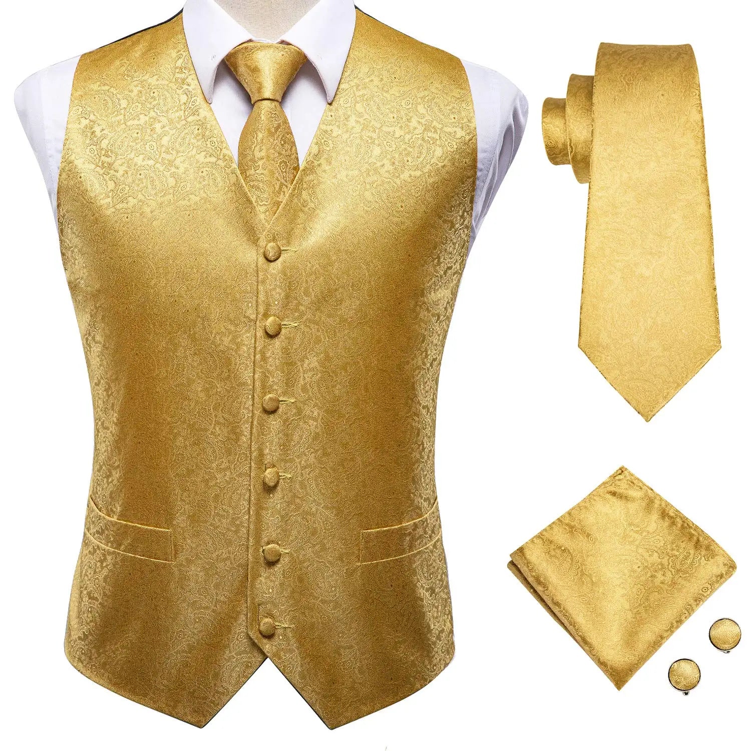 Hi-tie Black Men Vest Paisley Jacquard Necktie Hankerchief Cufflinks Qme MJ-0009 L