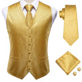Hi-tie Luxury Gold Mens Vest Silk Tie Hanky Cufflinks Jacquard Floral Qme MJ-0009 XXXL
