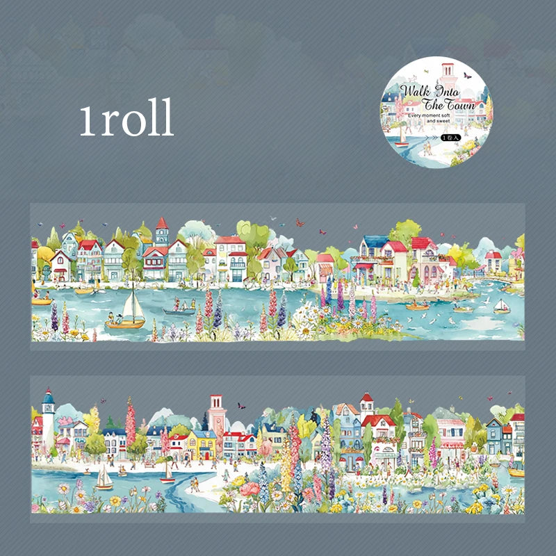 Watercolor Fairy Tale Town Washi Tape, Healing & Relaxing Creative Material, Ideal for Journal Scenery, Collage Qme C