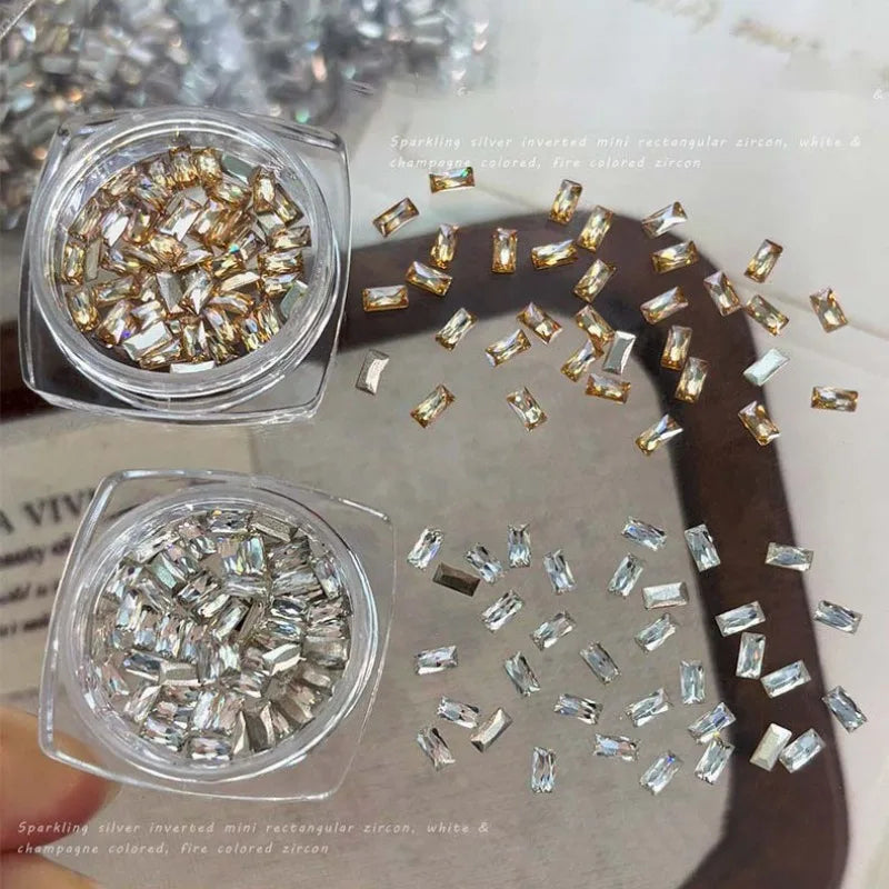50Pcs Mini Long Strip Zircon Nail Rhinestones Super Sparkle Clear White/Champagne DIY Nail Art Decor Flat-Back 2*4MM Accessories Qme