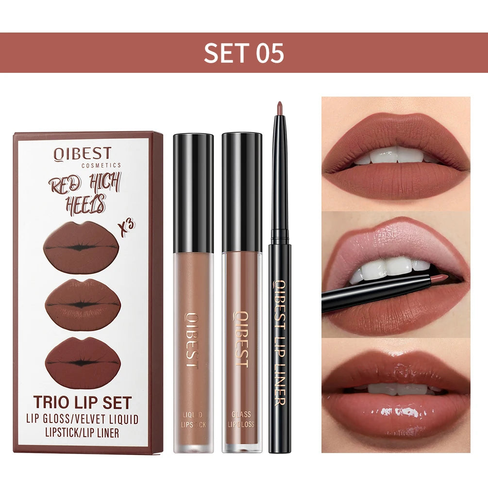 QIBEST Matte Liquid Lipstick&Lip Liner&Lip Gloss 3Pcs Sets Long Lasting Non-stick Cup Red Black Purple Lip Tint Cosmetics Kits Qme 05