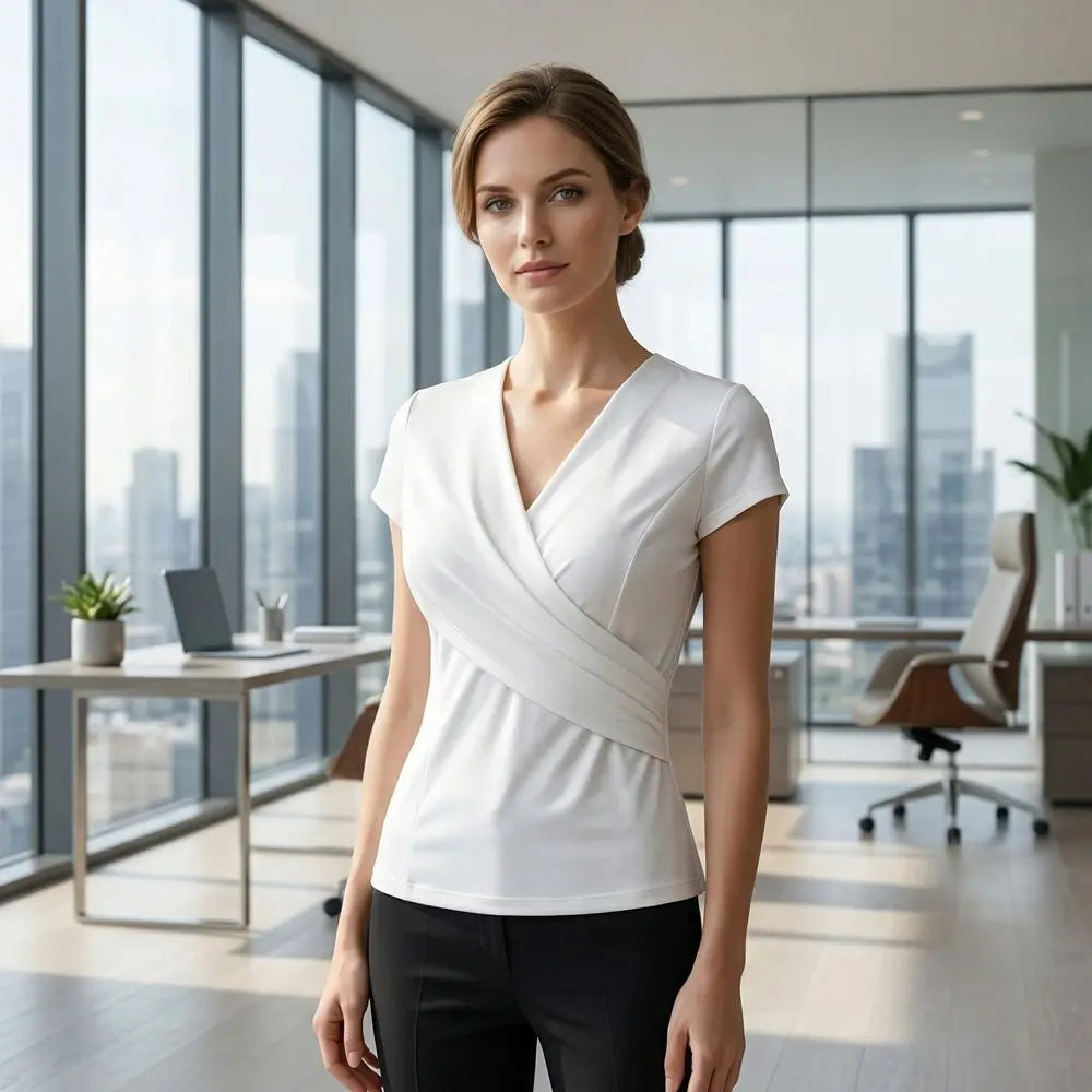 Fashion Short Sleeve V-neck Wrap Pleated Pullovers T-shirt Summer Qme