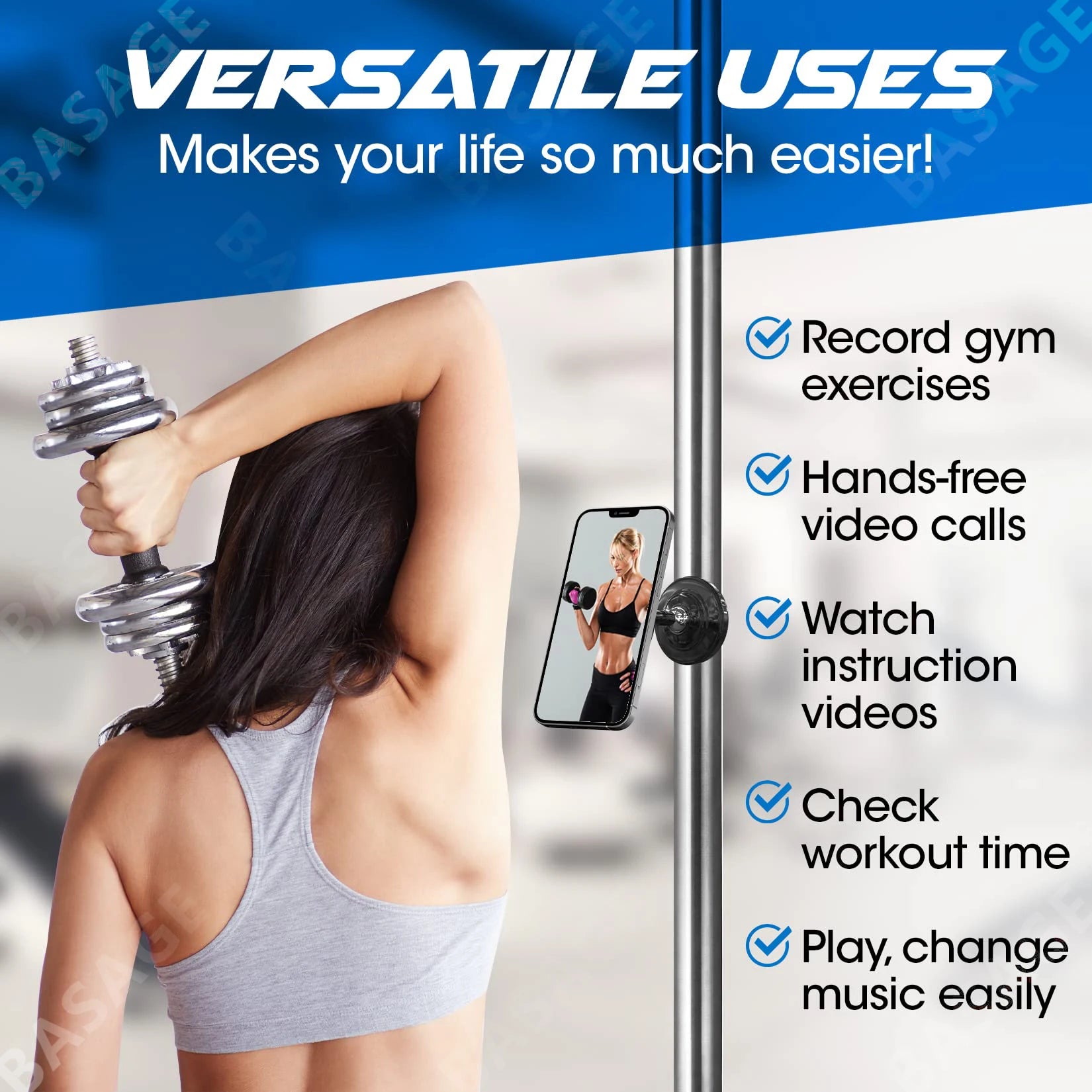 Dual Magnetic Gym Phone Holder for Working Out Videos-Double Sided Strong Magnet with 360 Degree Rotation - Fits Any Smart Phone Qme