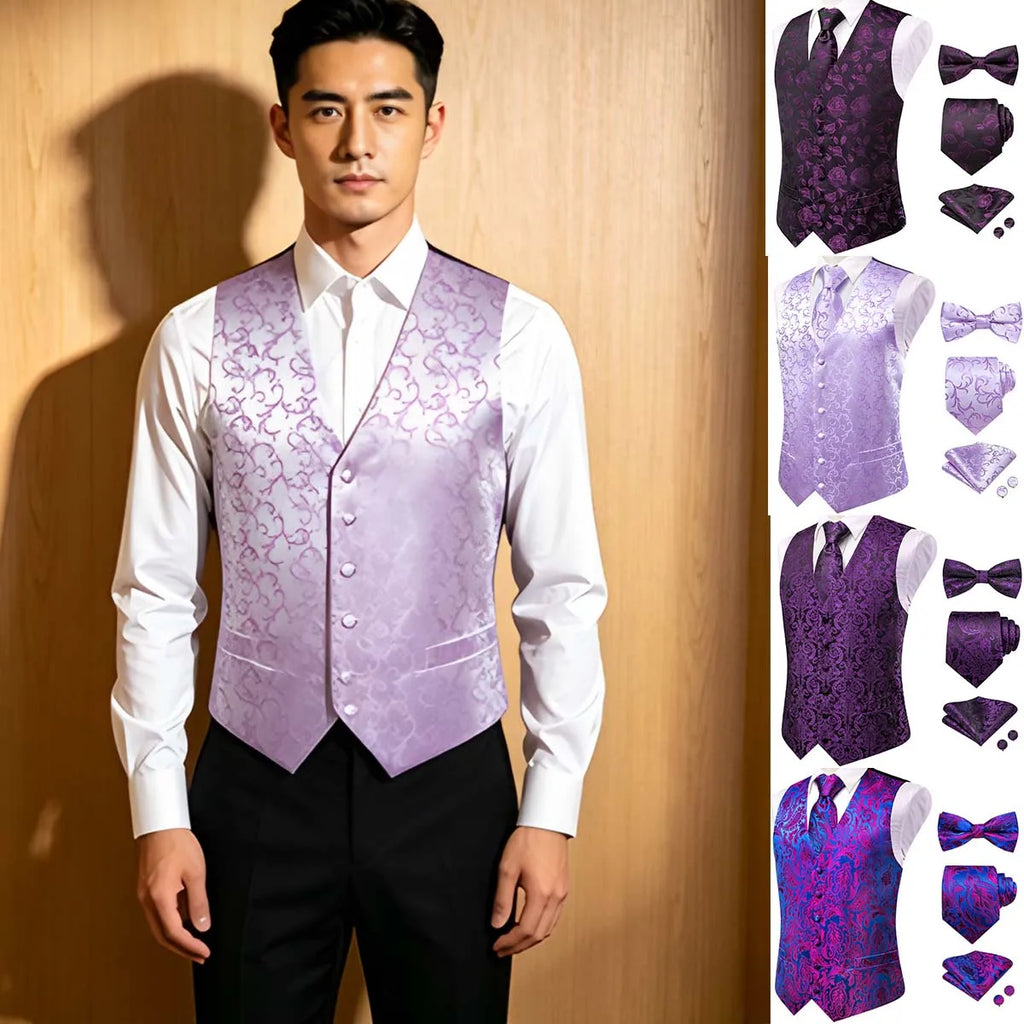 Classic Purple Printed V-Neck Waistcoat 5 In 1 Men Formal Dress Matching Accessories Qme