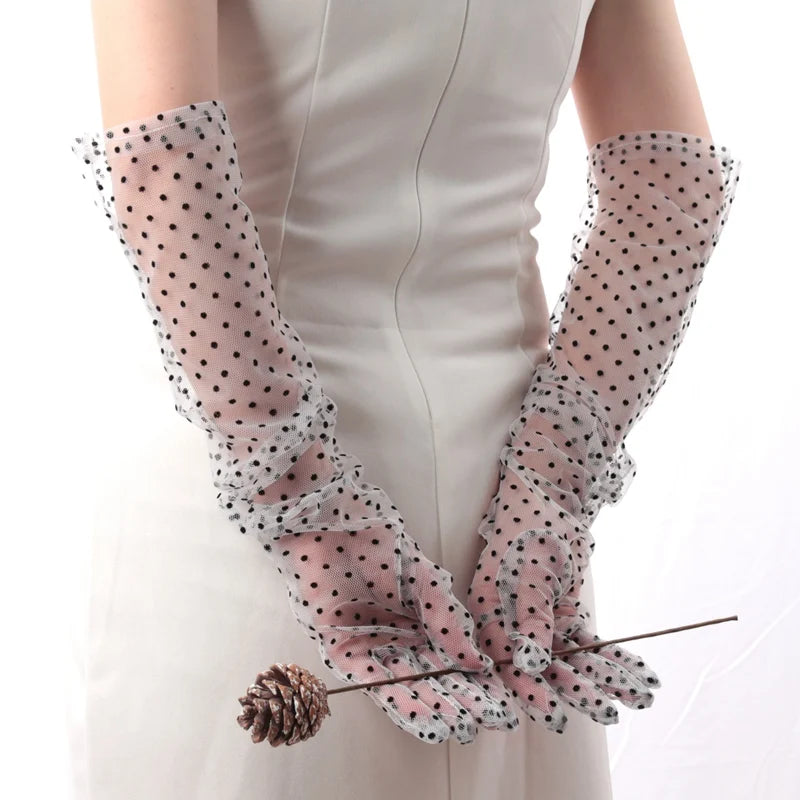 Women Sexy Lace Black Gloves Gauze Wavy Dot Mittens Fashion Sunscreen Breathable Bridal Wedding Etiquette Long Fishnet Gloves Qme
