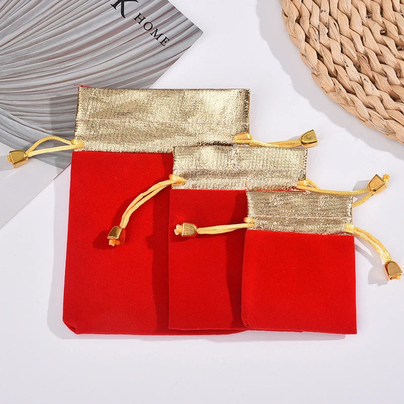 10pcs/lot Vintage Velvet Bag Gold Color Trim Drawstring Red Gift Bags Wedding Jewelry Packaging Pouches Qme