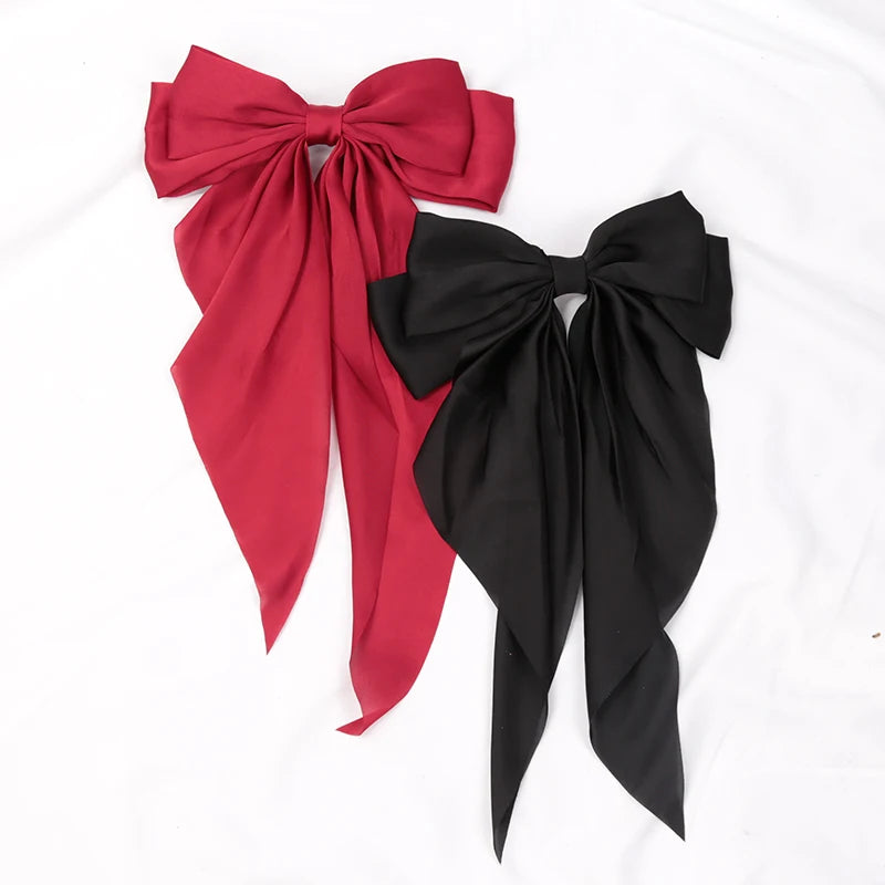 Elegant Bow Ribbon Hair Clip for Women Fashion Solid Satin Black Clip Simple Hairpin Headband with Clips Girls Hair Accessories Qme