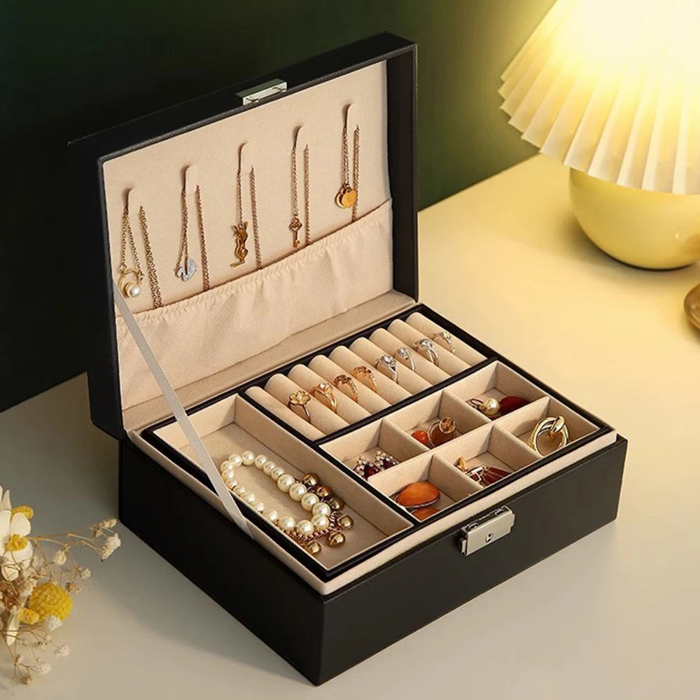 Double-Layer Jewelry Storage Box With Lock For Earrings, Necklaces And Other Accessories, Organizing Box Qme black M