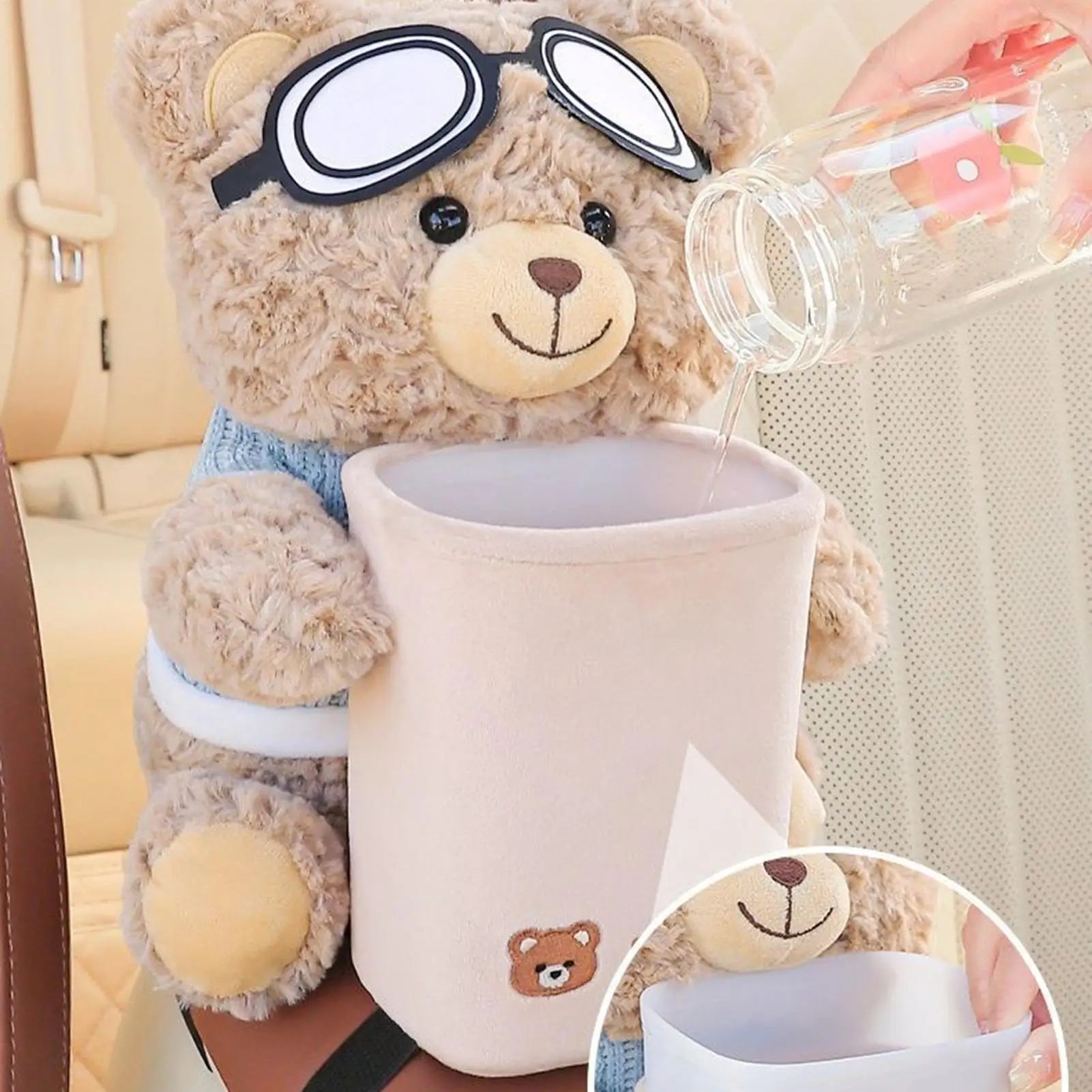 1pcs Car Tissue Box Auto Cartoon Trush Can 2-in-1 Leakproof Plush Bear Tissue Holder And Trash Can For Vehicle Home Travel Qme