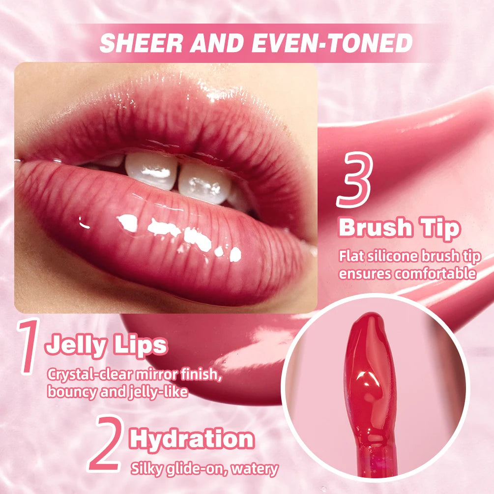 QIBEST Mirror Pearl Jelly Lipgloss Moisturizing Lasting Lipstick Hydrating Lightweight Lip Glaze Watery Crystal Lip Tint Makeup Qme