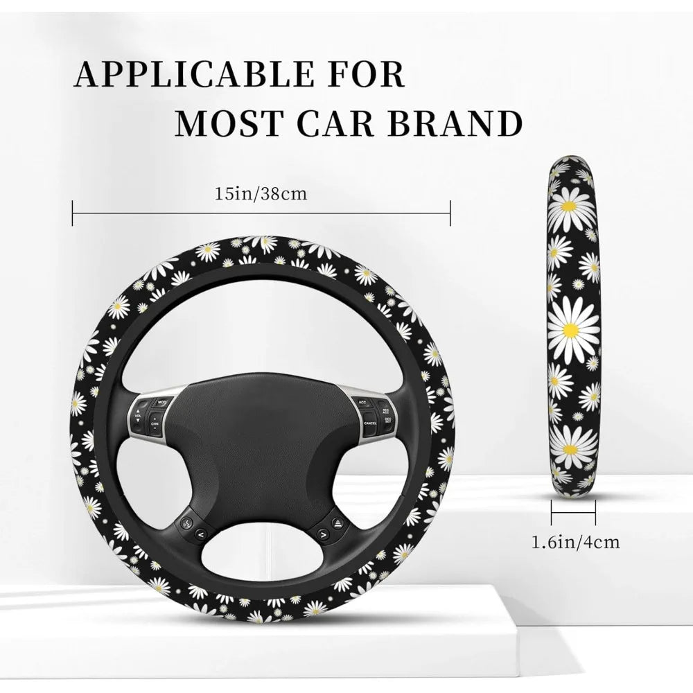 Universal Daisy Flower Print Car Steering Wheel Cover Elastic No Inner Ring Anti-slip Steering Protecto，Car Decor Accessories Qme