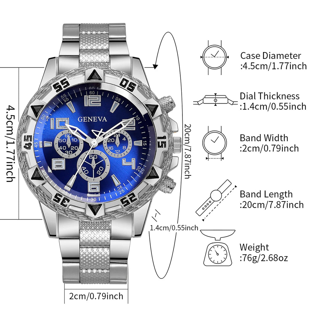 Men Geneva Gold Watch Cross Necklace 2Pcs Hip Hop Jewelry Set Qme