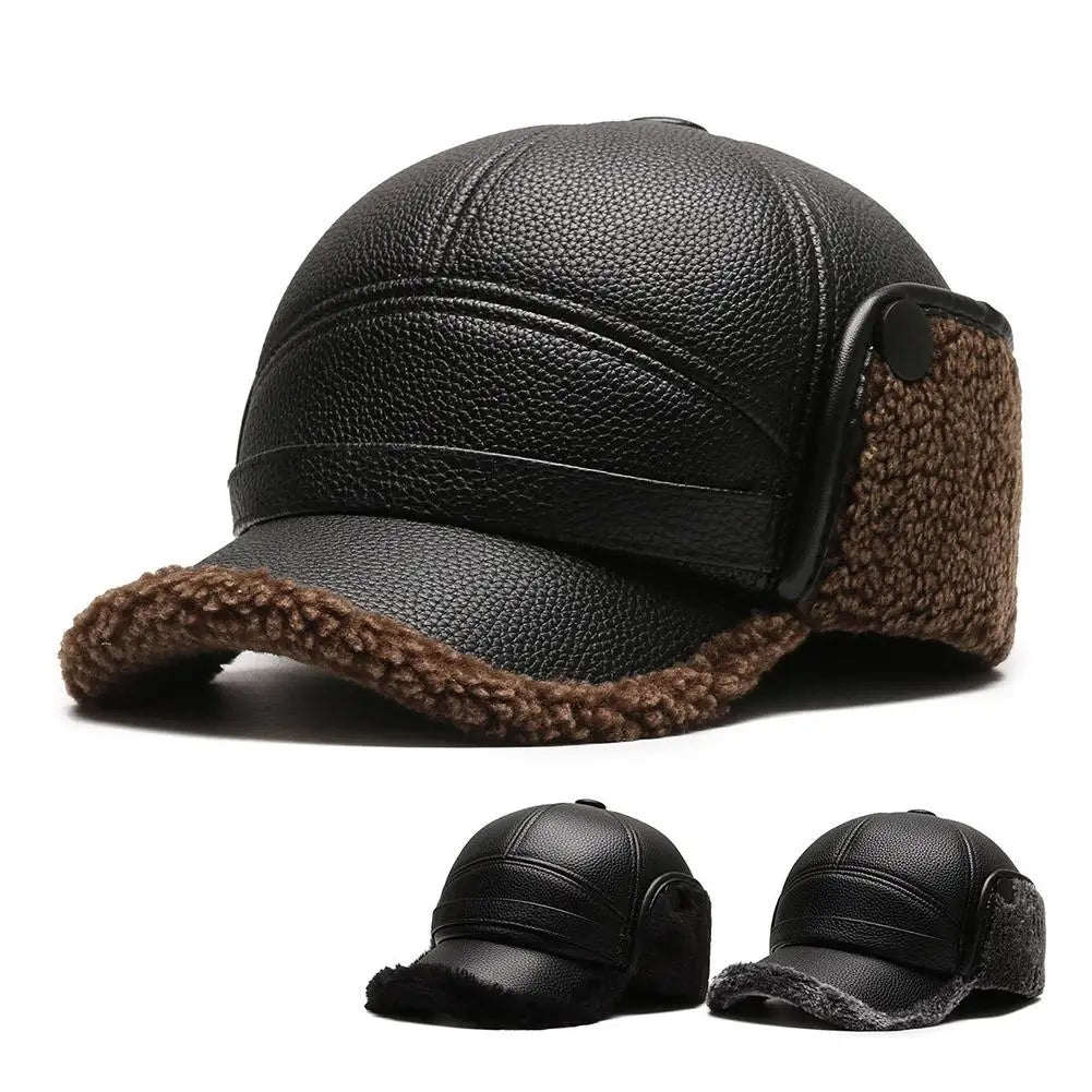NEW Pu Leather Baseball Cap Men Winter Warm Hat Dad Grandpa Thermal Hat Thick Warm Leather Hat Old Man Ear Protection Cap Qme