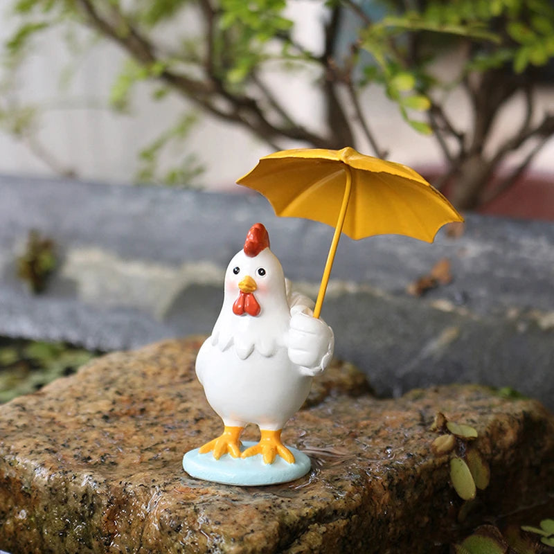 Rooster Figurine With Umbrella, Decorative Outdoor Statue,Collection Miniature Fairy Garden Home,Garden, Indoor Outdoor Decor Qme