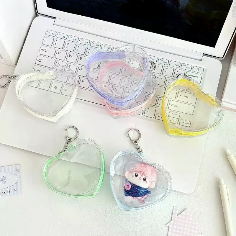 Portable Colorful Heart Transparent Zipper PVC Storage Bag Kaychain Qme