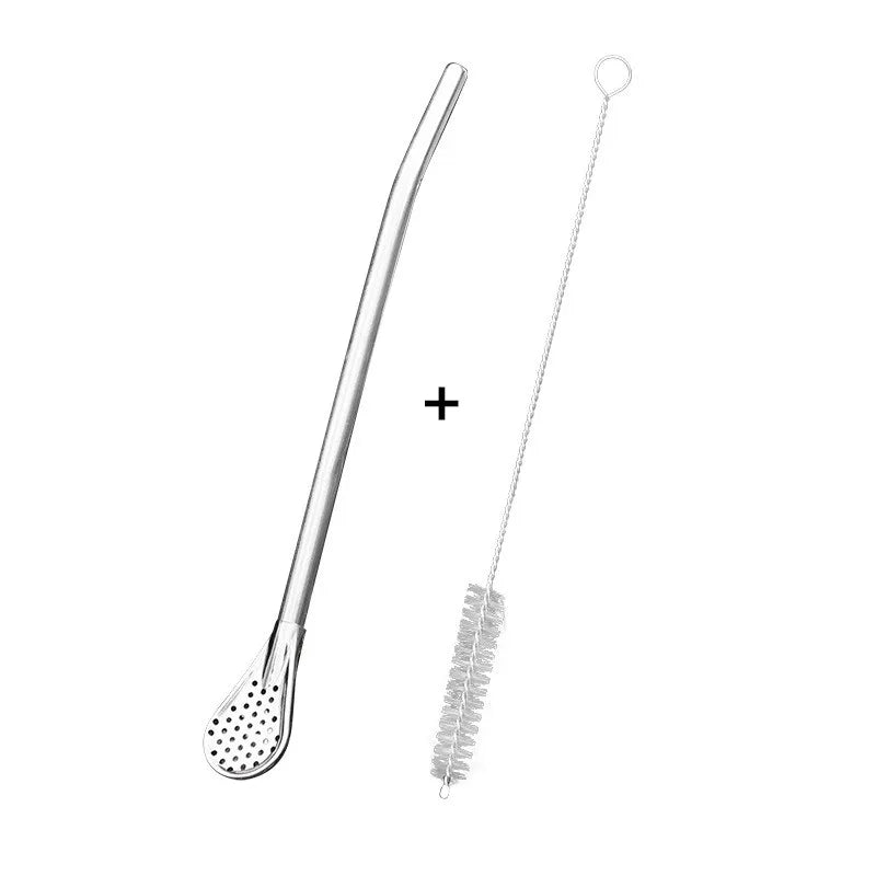 Stainless Steel Drinking Straw Spoon Tea Filter Detachable Reusable Metal Straws with Brush Drinkware Bar Party Tool Accessories Qme 1PCS