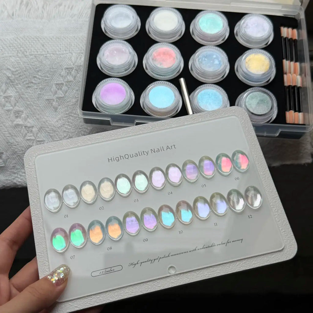 12 Colors Aurora Mirror Nail Powder Chrome Pearl Pigment Dust Ultra Qme