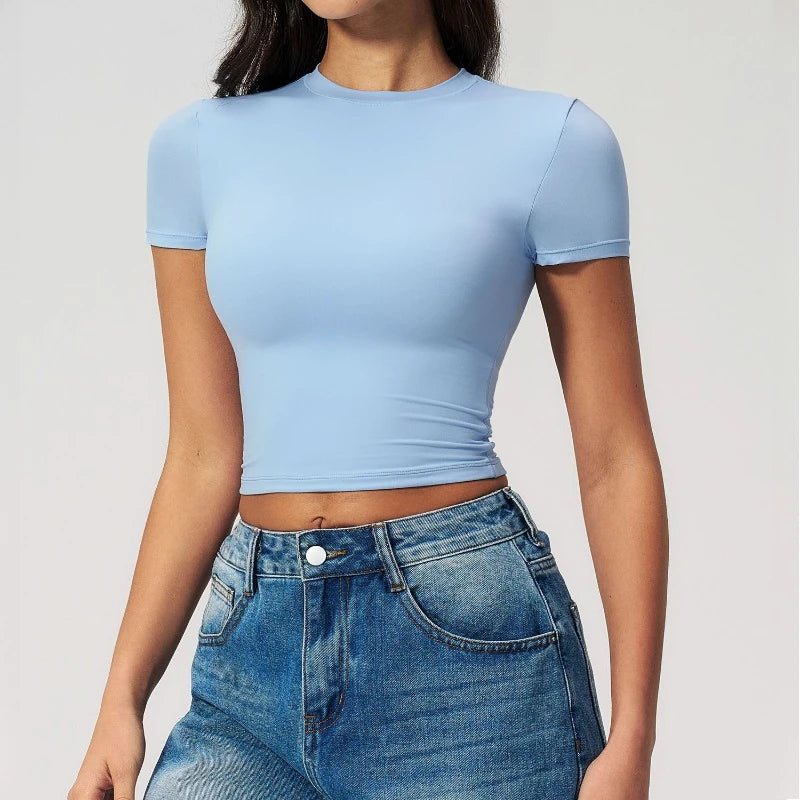 A Women Running Sports T Shirt Summer Short Sleeve Round Neck Breathable Stretchy GYM Yoga Slim Fitness Active Top Tee Qme