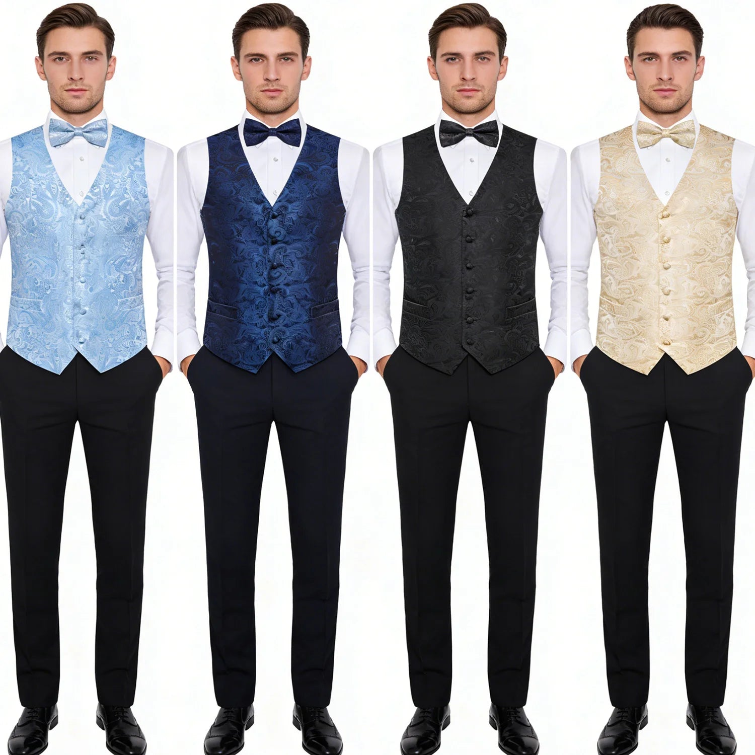 Men's Suit Vest Bowtie Formal Waistcoat Necktie Pocket Square Perfect Qme