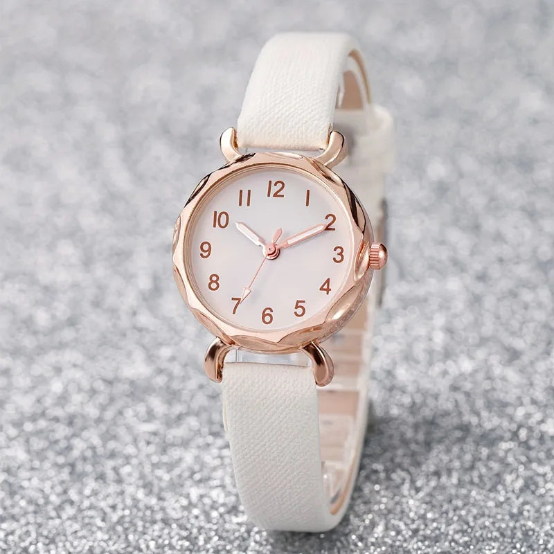 Simple bezel, white plate, quartz women's watch strap+white drip oil butterfly necklace, bracelet, earrings, ring, five pieces Qme 2